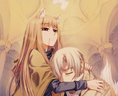 Обои на рабочий стол Horo / Хоро обнимает Kraft Lawrence / Крафт Лоуренс, из аниме Spice and Wolf / Волчица и пряности