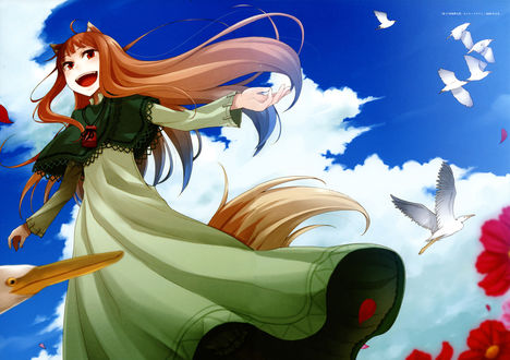 Обои на рабочий стол Horo / Хоро на фоне неба, из аниме Spice and Wolf / Волчица и пряности, art by Ayakura Juu