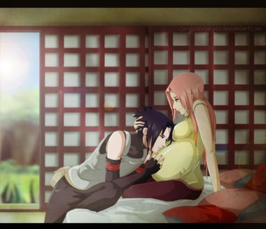 Обои на рабочий стол Uchiha Sasuke / Учиха Сасуке обнимает беременную Haruno Sakura / Харуно Сакура, из аниме Naruto / Наруто, art by Ceruleanxpirate