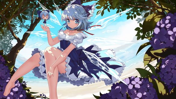 Обои на рабочий стол Ледяная фея Cirno / Чирно в окружении цветков гортензии под кронами деревьев, персонаж из серии компьютерных игр Touhou Project / «Проект «Восток»», art by kofboy