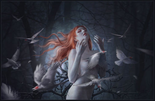 Обои на рабочий стол Из тела девушки вылетают вороны-альбиносы, by 1simplemanips1