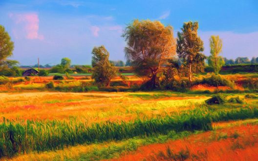 Обои на рабочий стол Конец лета, поле, деревья, дом вдали, на фоне голубого неба, живопись