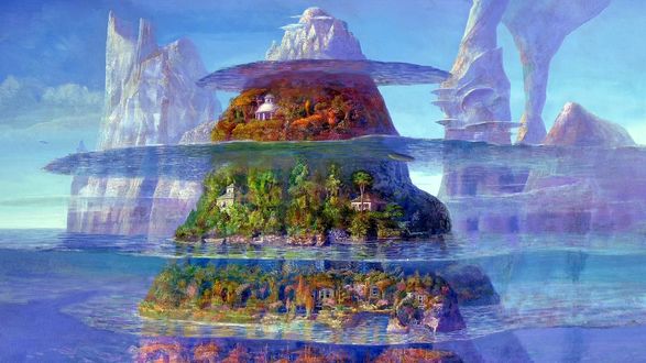 Обои на рабочий стол Iblard Jikan / Время Ибларда, японский мультипликационный фильм, небо, горы, море, четырехэтажная гора-гамбургер, деревья, дома, by Naohisa Inoue / Наохиса Иноэ