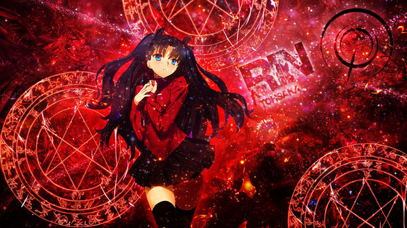 Обои на рабочий стол Рин Тосака / Tohsaka Rin / T&;saka из аниме и новеллы Fate / Stay night / Судьба: Ночь схватки / Ночь прибытия стоит за спиной у Арчера / Archer на фоне магических формаций, прижав к груди драгоценный кулон