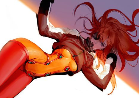 Обои на рабочий стол Сорью Аска Лэнгли / Asuka Langley Souryuu в красном комбинезоне из аниме Евангелион нового поколения / Neon Genesis Evangelion