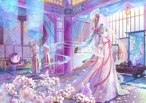 Обои на рабочий стол Vocaloids / Вокалоиды Хатсунэ Мику / Hatsune Miku, Рин и Лен Кагамине / Rin & Len Kagamine, by ピーズ-peas