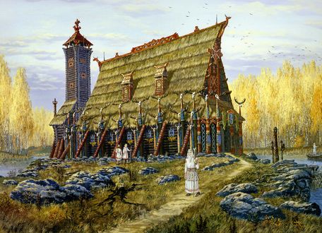 Обои на рабочий стол Храм Хорса, жрецы, Русь языческая, художник Всеволод Иванов
