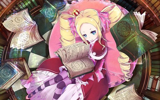 Обои на рабочий стол Beatrice сидит в кресле в библиотеке среди магических книг из аниме Жизнь с нуля в другом мире / Re: zero kara hijimeru isekai seikatsu, art by Kazuma Tanaka