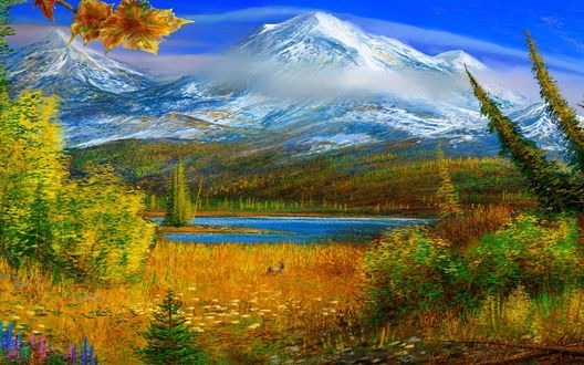Обои на рабочий стол Alaska / Аляска, осень, начавшие желтеть деревья на берегу водоема, вдали заснеженные горы, художник Юхан Тирен