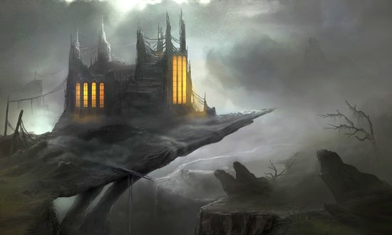 Обои на рабочий стол Замок у обрыва, на фоне хмурого неба, облаков и тумана, by Peter Eberle