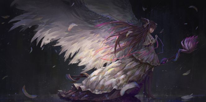 Обои на рабочий стол Мадока Канамэ / Madoka Kaname с крыльями из аниме Девочка-Волшебница Мадока Магика / Mahou Shoujo Madoka Magica, art by Tianya Beiming