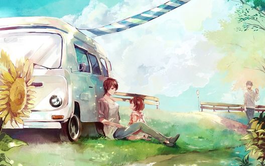 Обои на рабочий стол Семья устроила привал у ручья рядом с дорогой, art by Toryufu