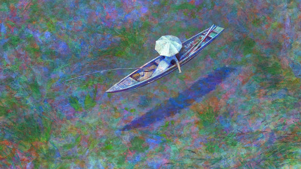 Обои на рабочий стол Девушка под белым зонтом, сидя в лодке на отмели, ловит удочкой рыбу, art by Naohisa Inoue
