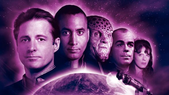 Обои на рабочий стол Персонажи фантастического телесериала Вавилон 5 / Babylon 5: Джон Шеридан / John Sheridan, Стивен Франклин / Stephen Franklin, Г’Кар / G’Kar, Майкл Гарибальди / Michael Garibaldi, Деленн / Delenn