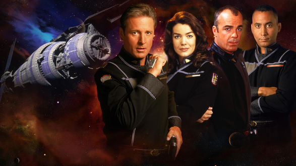 Обои на рабочий стол Персонажи фантастического телесериала Вавилон 5 / Babylon 5: Джон Шеридан / John Sheridan, Сьюзен Иванова / Susan Ivanova, Майкл Гарибальди / Michael Garibaldi, Стивен Франклин / Stephen Franklin
