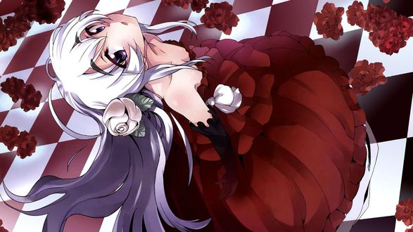 Обои на рабочий стол Чайка Трабант (Белая) / Chaika Trabant из аниме Чайка и гроб / Hitsugi no Chaika в красном бальном платье на клетчатом полу, усеянном розами