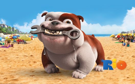 Обои на рабочий стол Rio / Рио музыкальный мультфильм, бульдог Луис с гаечным ключом на пляже, персонаж