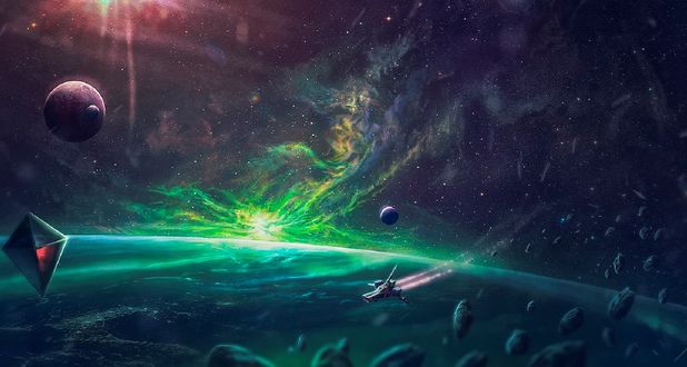 Обои на рабочий стол Планеты и космический корабль в космосе, by matkraken