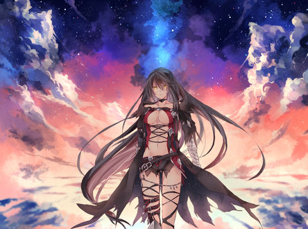 Обои на рабочий стол Velvet Crowe / Вельвет Кроу на фоне неба из игры Tales of Berseria / Сказания Берсерии, art by Pixiv Id 4270087