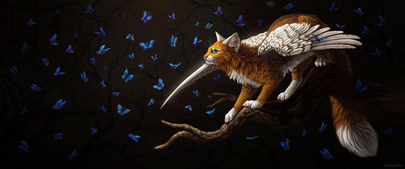Обои на рабочий стол Крылатая кошка и синие бабочки на дереве, by Cat-Patrisiya