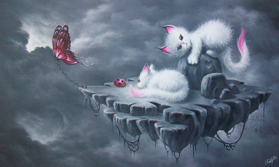 Обои на рабочий стол Бабочка тащит островок с котятами, by ChristopherPollari