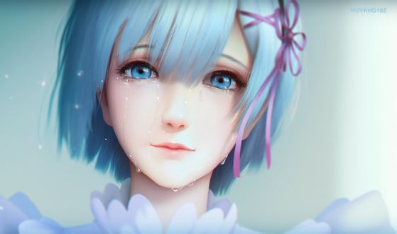 Обои на рабочий стол Плачущая Rem / Рем персонаж из аниме Re: Zero kara Hajimeru Isekai Seikatsu / Re: Жизнь с нуля в параллельном мире, art by huykho192