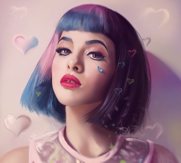 Обои на рабочий стол Портрет американской певицы Мелани Мартинес / Melanie Martinez, среди мыльных пузырей в виде сердечек, by vurdeM