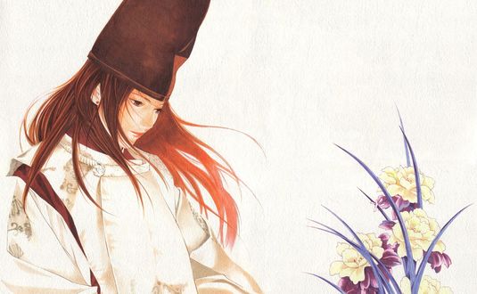 Обои на рабочий стол Фудживара но Сай / Fujiwara no Sai любуется ирисами из аниме Hikaru no Go / Хикару и Го, art by Takeshi Obata