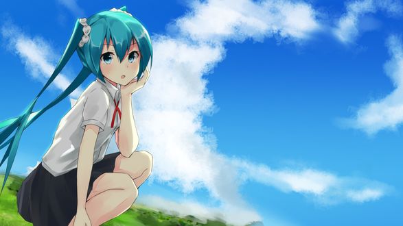Обои на рабочий стол Вокалоид Хатсуне Мику / Vocaloid Hatsune Miku на фоне облачного неба, art by Pixiv Id 5093487