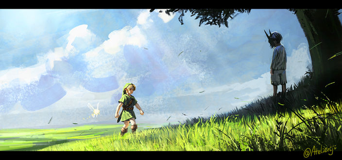 Обои на рабочий стол Young Link / Link / Линк и Taya / Тая из игры Zelda no Densetsu / Zelda no Densetsu: Mujura noKamen, art by Atelieriji