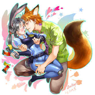 Обои на рабочий стол Judy Hopps / Джуди Хоппс и Nick Wilde / Ник Уайлд из мультфильма Zootopia / Зверополис, art by Chushengdao