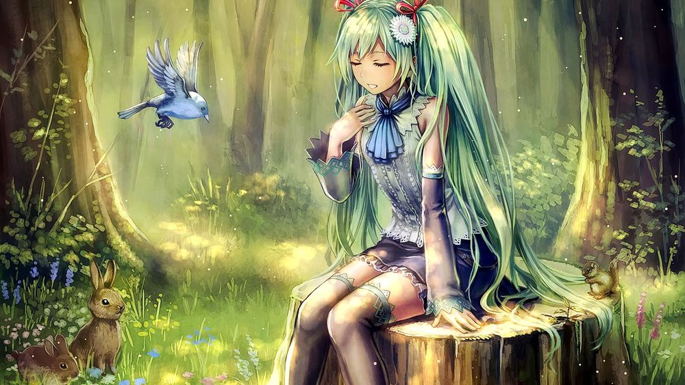 Обои для рабочего стола Vocaloid Hatsune Miku / Вокалоид Хацунэ Мику с длинными зелеными волосами сидит на пеньке в лесу, вогруг нее собрались животные и птицы