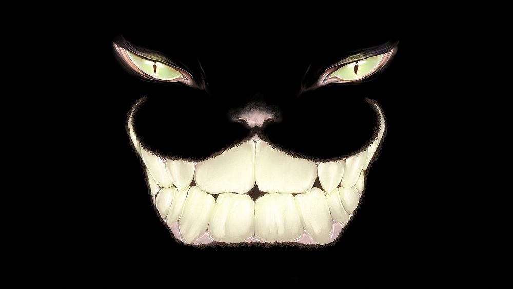 Обои для рабочего стола Злобная улыбка Чеширского Кота со светящимися зубами и глазами, на черном фоне, Алиса в стране чудес, автор Omri Koresh