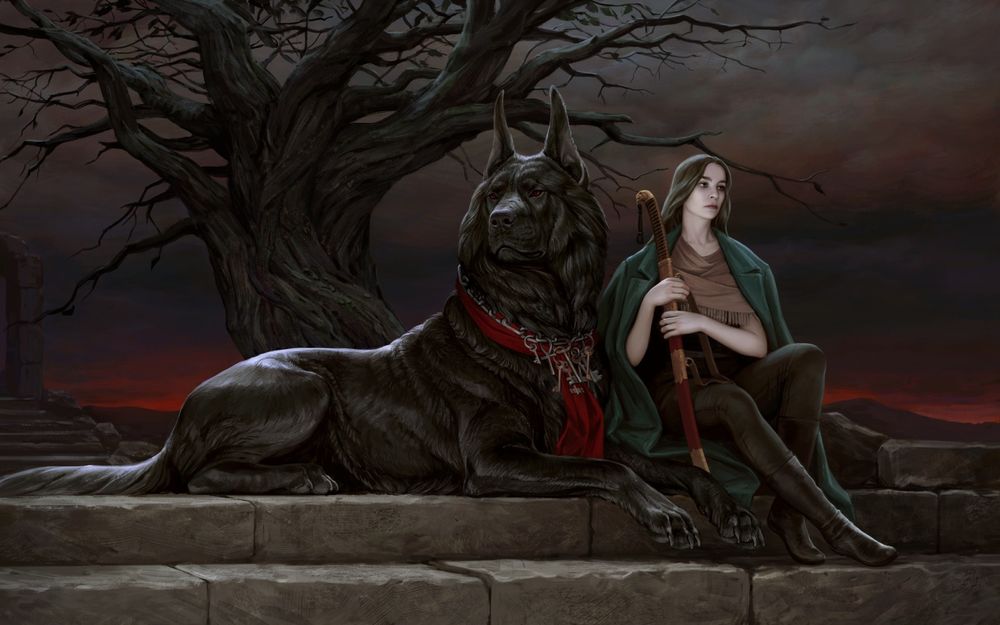 Обои для рабочего стола Девушка с мечом в руках сидит на ступеньках возле большой черной собаки, у которой на шее висит цепь с множеством ключей