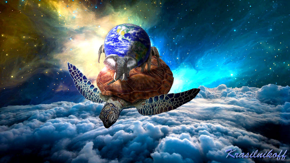 Обои для рабочего стола Гигантская морская черепаха летит в космосе выше облаков с тремя слонами на панцире, держащих на своих спинах планету Земля, art Krasilnikoff