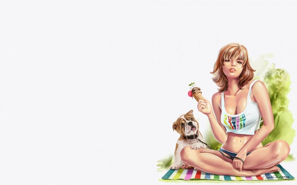 Обои для рабочего стола Собака облизывается, глядя на мороженое в руке сидящей на коврике девушки, by Kajenna