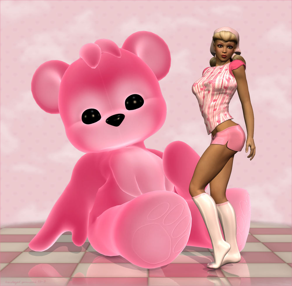 Обои для рабочего стола Блондинка в розовой шапочке, в розовой кофточке с рисунком, в розовых шортиках, в белых гольфах, стоит на полу рядом с большим розовым медведем