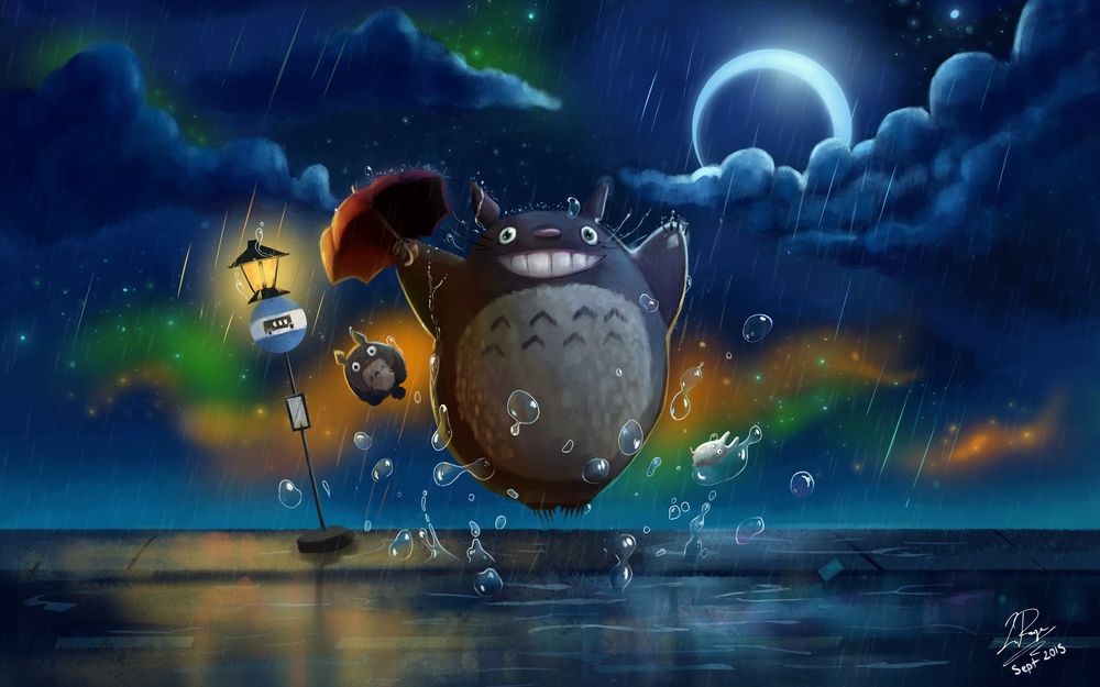 Обои для рабочего стола Тоторо / Totoro / прыгает по лужам с раскрытым зонтом, мульфильм Мой сосед Тоторо, by Hayao Miyazaki