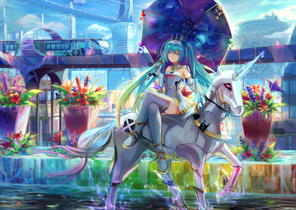 Обои для рабочего стола Vocaloid Hatsune Miku / Вокалоид Хатсуне Мику на единороге, art by Pixiv Id 4293133