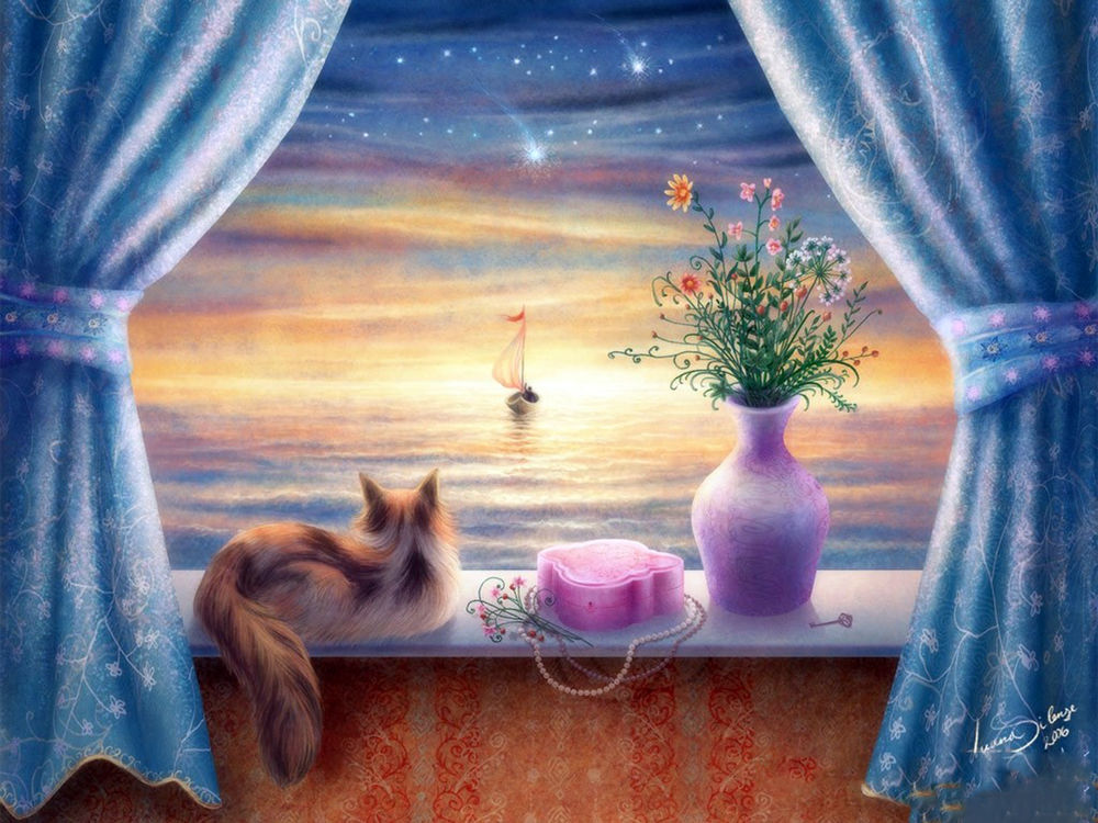 Обои для рабочего стола Пушистая кошка лежит на подоконнике рядом с розовой сумочкой и вазой с цветами, в окне открывается вид на фантастический рассвет над морем и яхту вдали, by Terry Avon Redlin