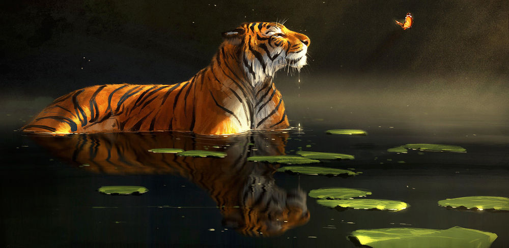 Обои для рабочего стола Тигр стоит в пруду среди листьев кувшинок, смотрит на бабочку, by Aaron Blaise