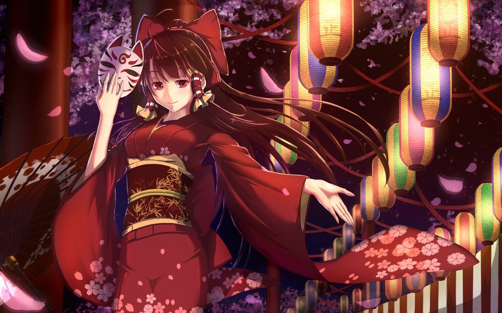Обои для рабочего стола Reimu Hakurei / Рейму Хакурей с маской, на фоне цветных фонарей, из игры Проект Восток / Тохо / Touhou Project, art by Bakanoe