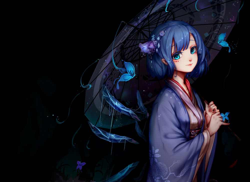 Обои для рабочего стола Ледяная фея Cirno / Чирно в кимоно с зонтом из серии компьютерных игр Touhou Project / Проект «Восток», art by Kiyomasa Ren