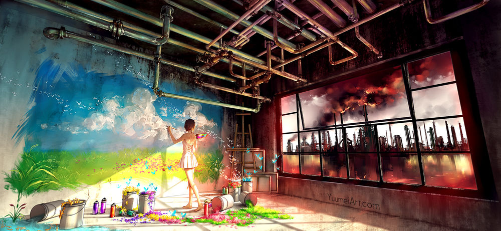 Обои для рабочего стола Девушка рисует на стене картину, глядя в окно на задымленный город, by yuumei