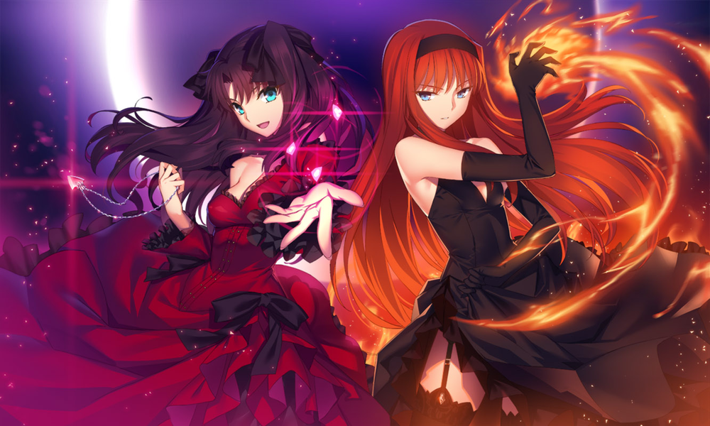 Обои для рабочего стола Рин Тосака / Tohsaka Rin / T&;saka из визуальной новеллы Судьба: ложная безмятежность / Fate / hollow ataraxia и Акиха Тоно / T&;no Akiha / Tohno из аниме и новеллы Повесть о лунной принцессе / Shingetsutan Tsukihime применяют свои магические и демонические способности