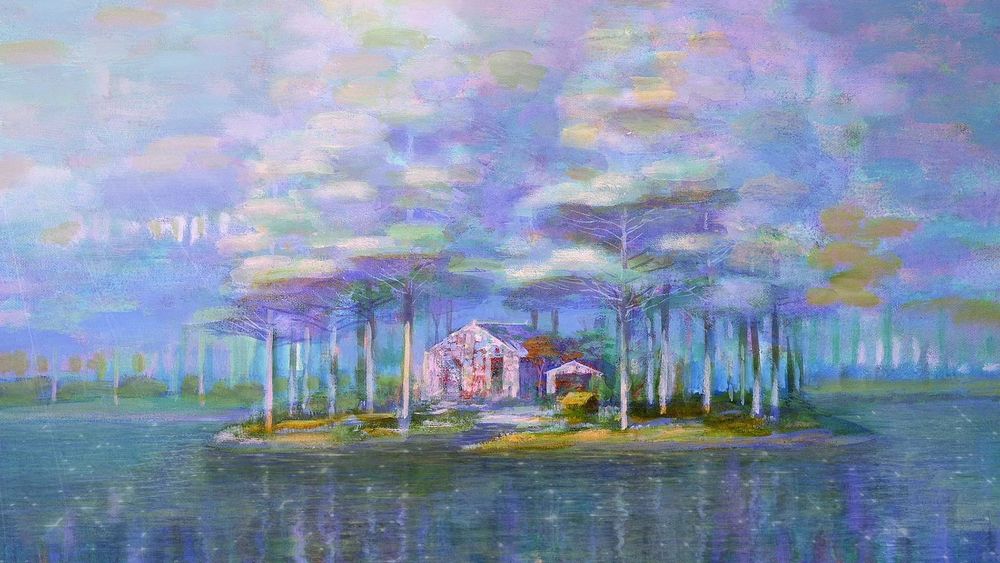 Обои для рабочего стола Iblard Jikan / Время Ибларда, японский мультипликационный фильм, небо, вода, деревья, дом, by Naohisa Inoue / Наохиса Иноэ