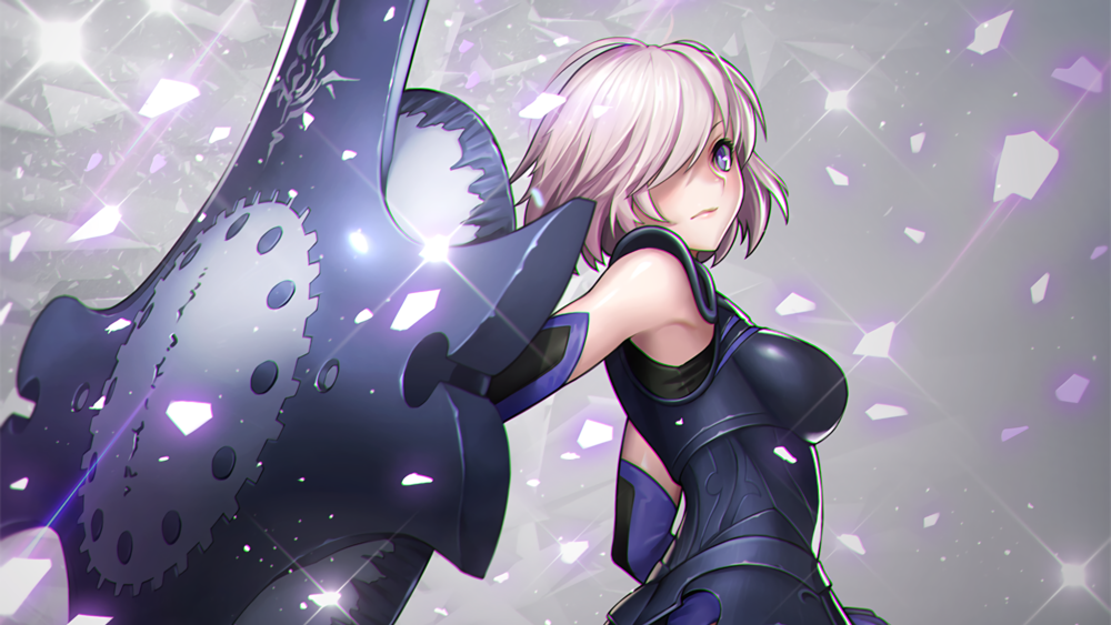 Обои для рабочего стола Mash Kyrielight / Мэш Кириелайт / Matthew / Мэтью / Mashu / Машу из онлайн-RPG игры Fate / Grand Order со своим щитом на фоне осколков стекла