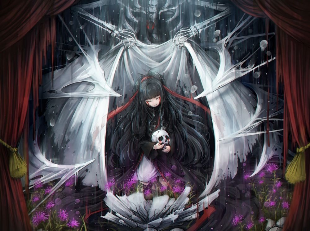 Обои для рабочего стола Асашина Хиори / Asahina Hiyori сидит с черепом в руках из аниме Призрачный проект / Kagerou Project, art by Kajaneko