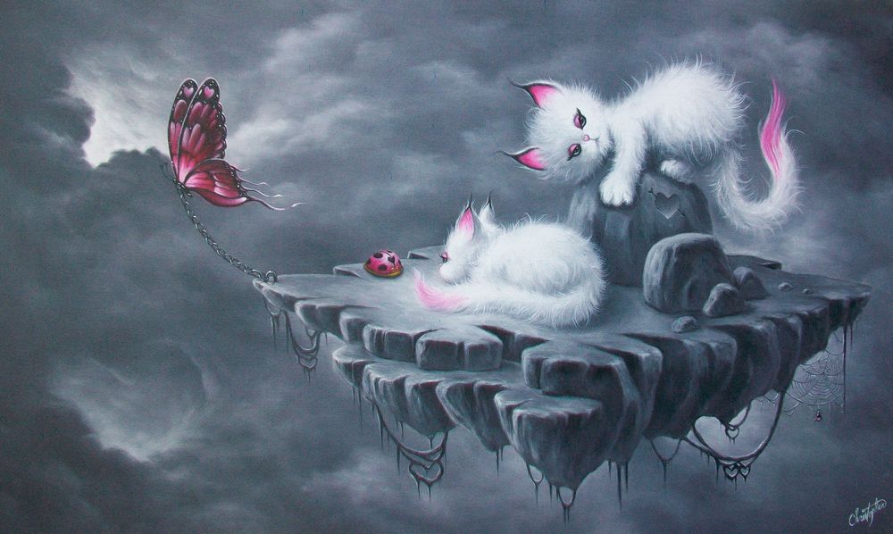 Обои для рабочего стола Бабочка тащит островок с котятами, by ChristopherPollari
