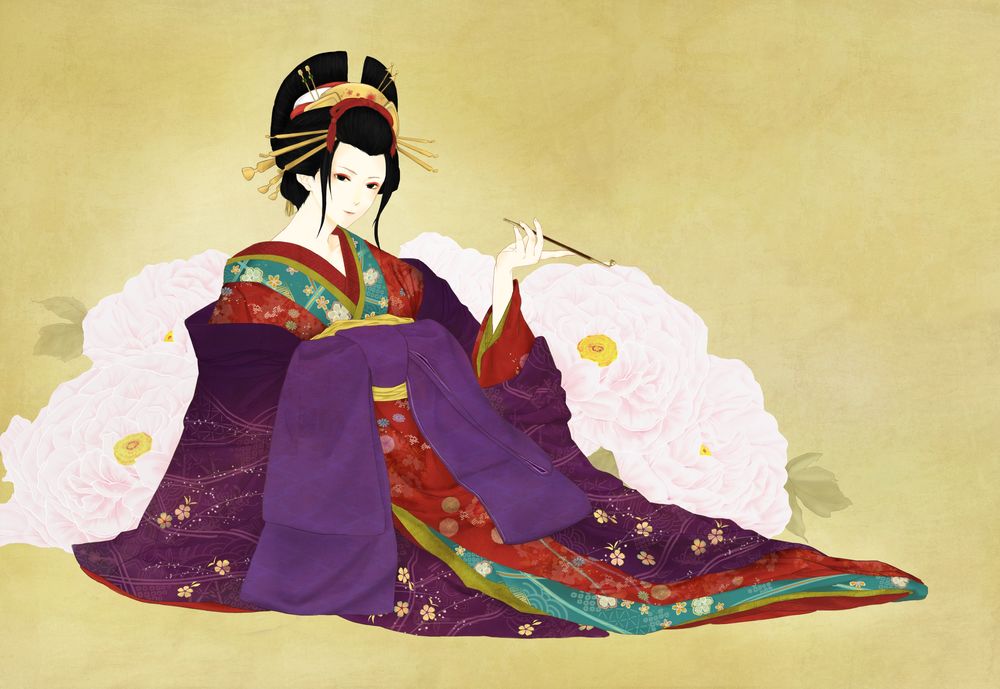 Обои для рабочего стола Японская гейша в фиолетовом кимоно, сидит с курительной трубкой на фоне белых камелий